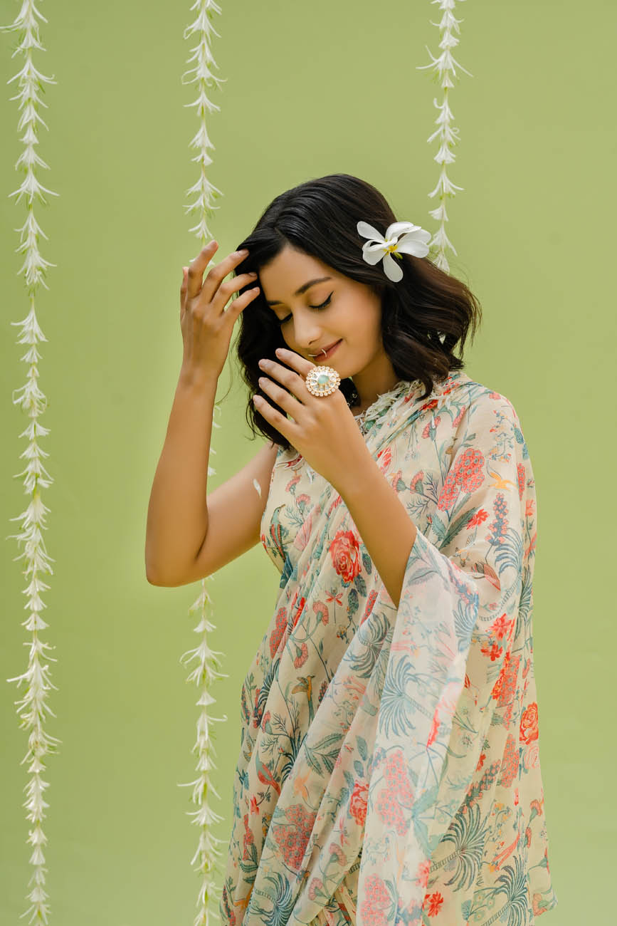 Beautiful Printed Embroidered Off White Saree